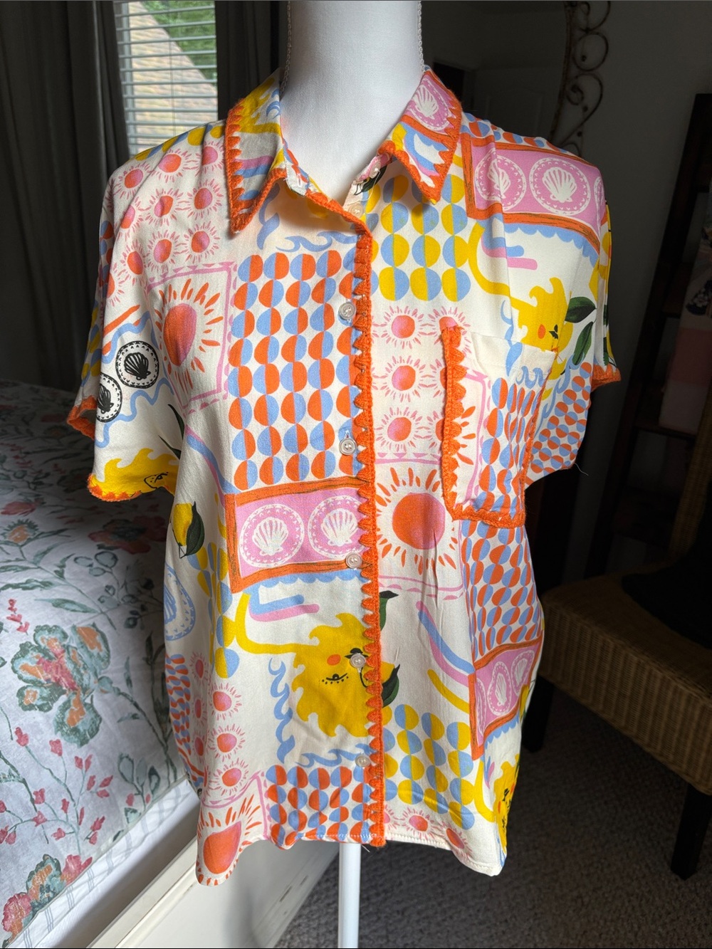 Women's Cream Button-Down Shirt with Yellow & Pink Graphic Print